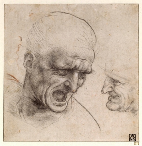 Studies for the Heads of Two Soldiers in the Battle of Anghiari (1504-05) by Leonardo da Vinci.
